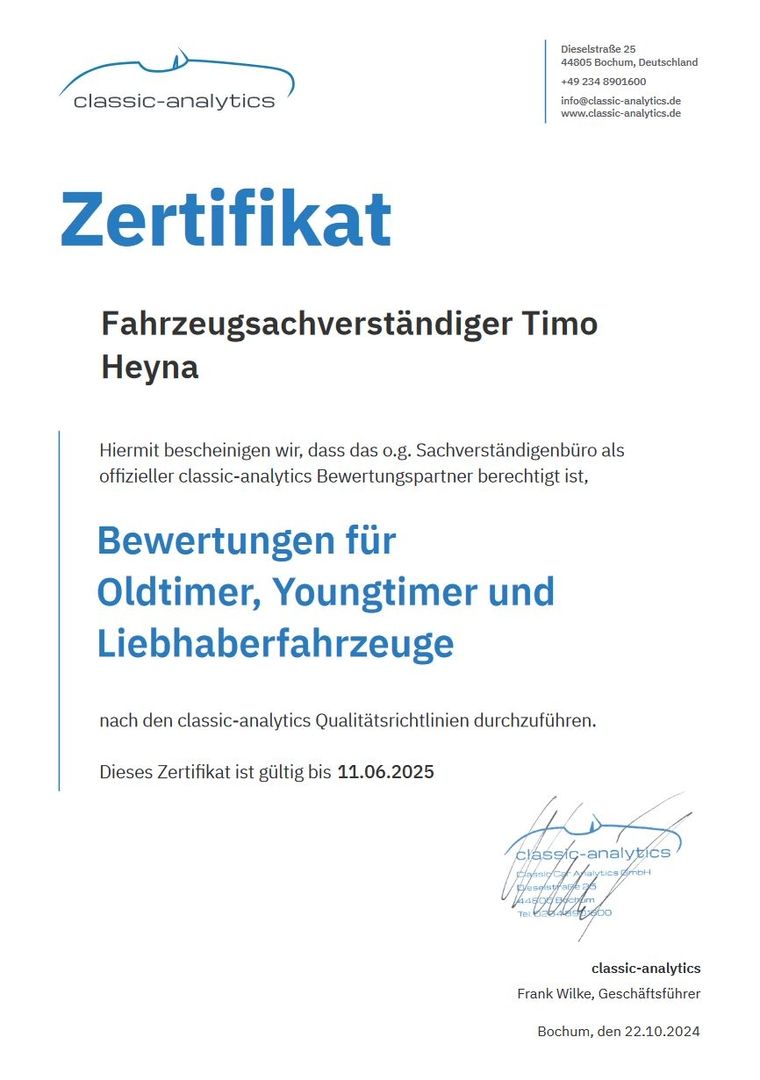 Zertifikat - Bewertungen für Oldtimer, Youngtimer und Liebhaberfahrzeuge